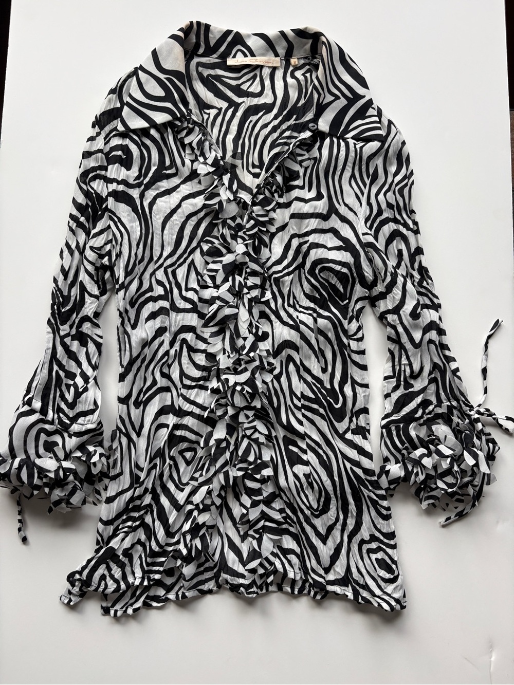LE CAVIAR Black & White Zebra Ruffle Button-Front Blouse Y2K